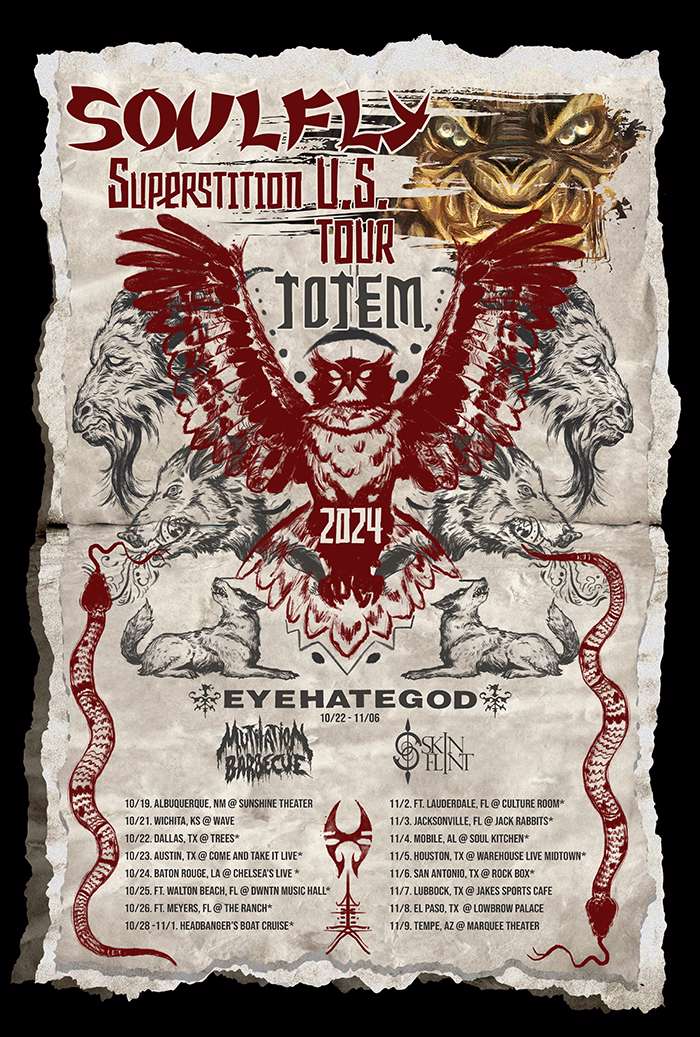 Soulfly announce U.S. Fall tour with Eyehategod, Mutilation Barbecue, and Skinflint