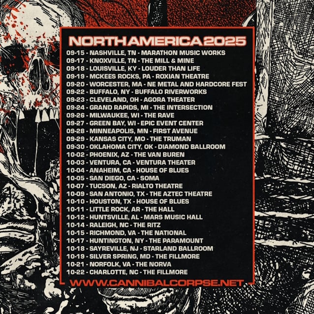 CANNIBAL CORPSE Announces September/October 2025 U.S. Tour With MUNICIPAL WASTE And FULCI