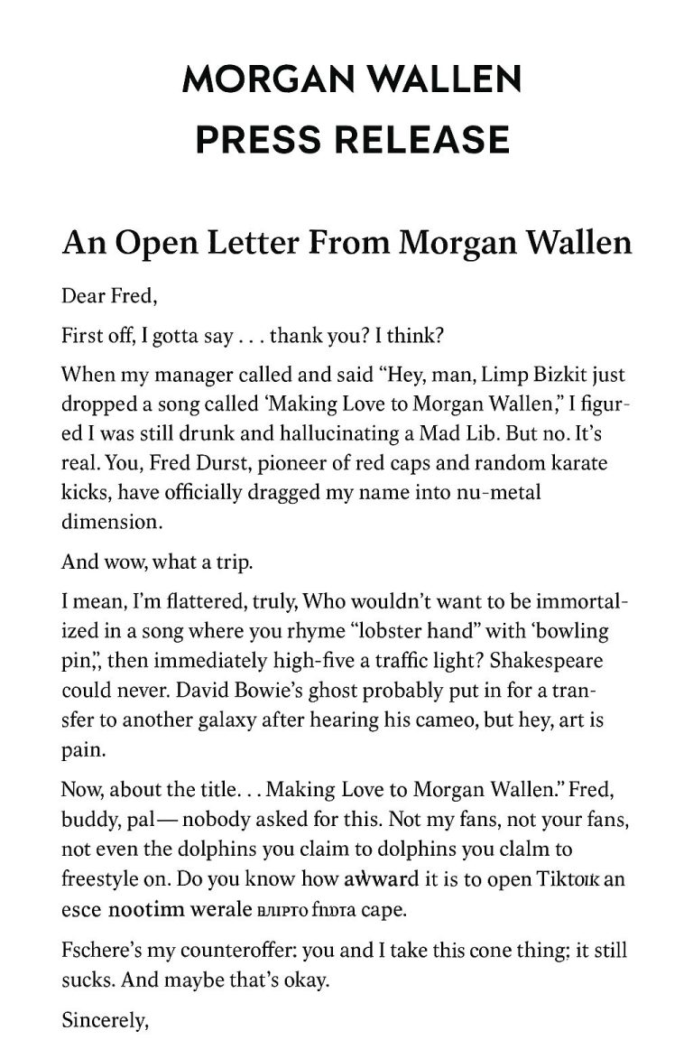 An Open Letter From Morgan Wallen to Fred Durst concerning new LIMP BIZKIT Single