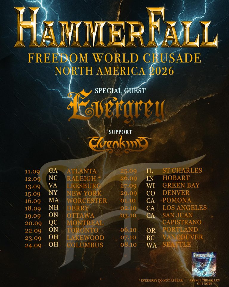 HAMMERFALL Announce “Freedom World Crusade” 2026 North American Tour With EVERGREY And ELVENKING